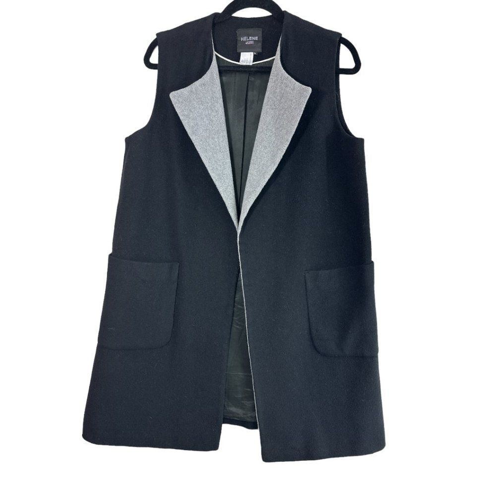 Helene London Cashmere Wool Blend Open Front Patch-Pocket Vest Black Gray SZ L
